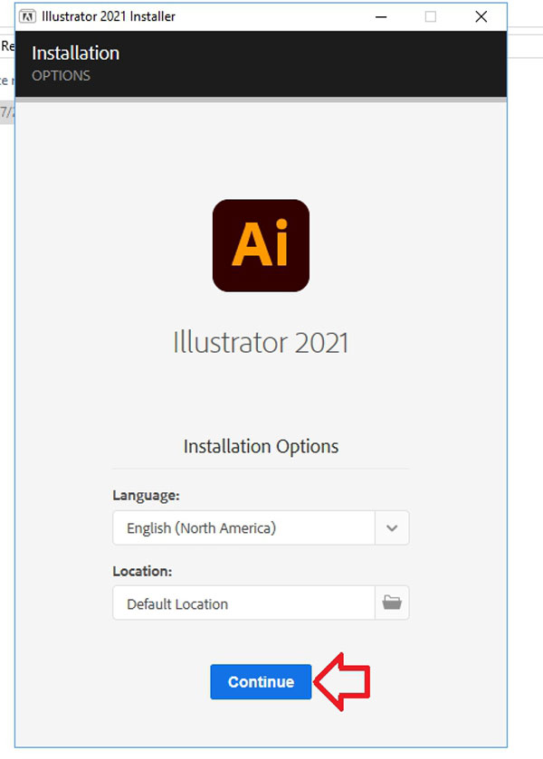 click vào nút Continue để cài đặt Adobe Illustrator CC 2021