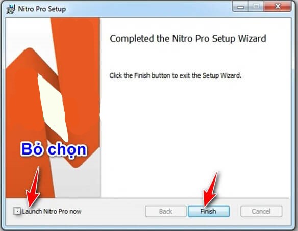 Nếu quên bỏ tích chọn hay phần mềm Nitro Pro đang mở thì tắt nó đi để chuyển sang bước kích hoạt.