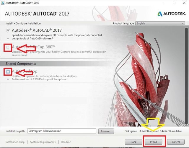 Nhấn chọn vào mục Autodesk AutoCAD 2017, các mục khác bỏ dấu tích như hình bên dưới.  Và xác nhận chọn “Install”.