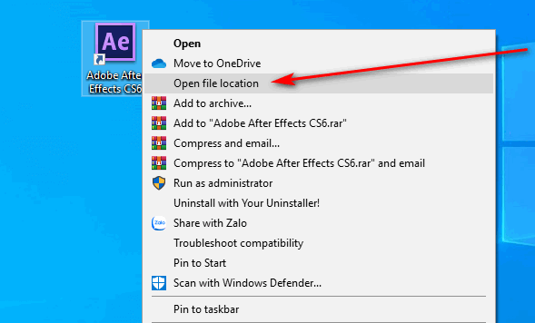 Nhấn chuột phải vào biểu tượng Adobe After Effect CS6 ngoài màn hình desktop. Chọn Location