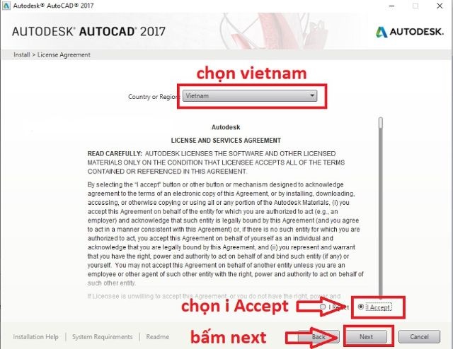 Tiếp tục chọn Country or Region với ngôn ngữ tiếng Việt, sau đó chọn đồng ý điều khoản tại mục “I Accept”, rồi chọn tới Next.