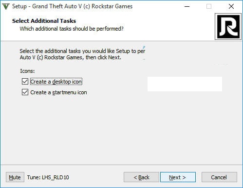 Tích dấu kiểm vào 2 mục để tạo biểu tượng GTA 5 ngoài desktop với thanh Start menu. Bấm tiếp vào Next.